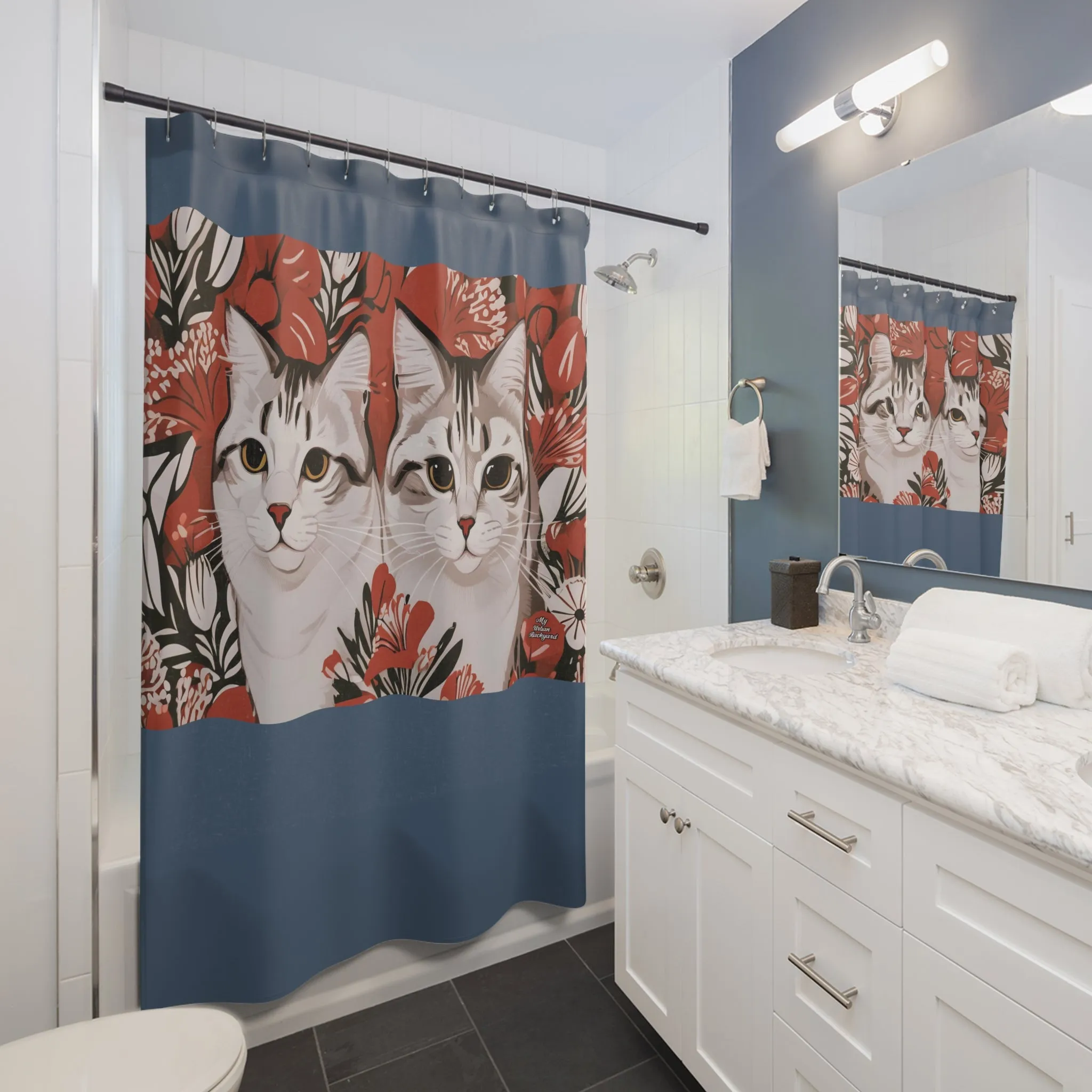 White Cats, Shower Curtain, Blue accent color - 71" x 74"