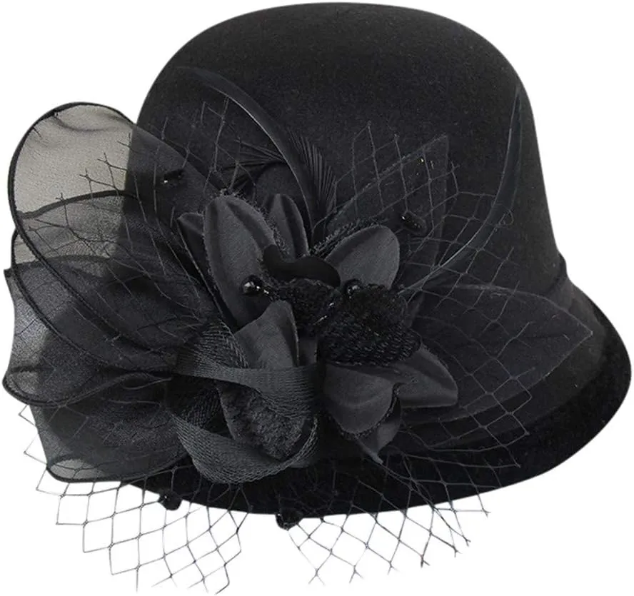 Women 1920s Classic Wool-Fel-Cloche Church-Hat Crushable Round-Bowler-Hat Derb Hat Tea Party Cap