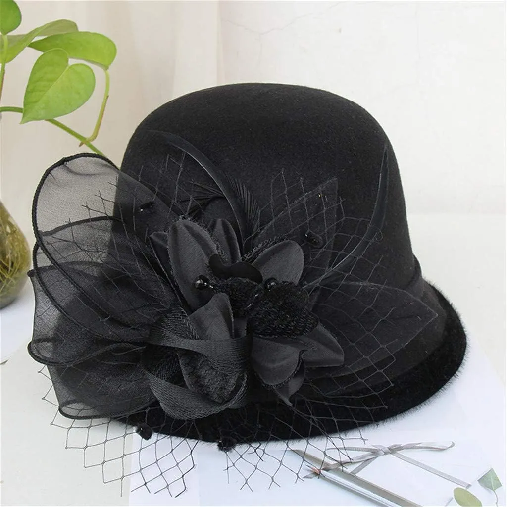 Women 1920s Classic Wool-Fel-Cloche Church-Hat Crushable Round-Bowler-Hat Derb Hat Tea Party Cap