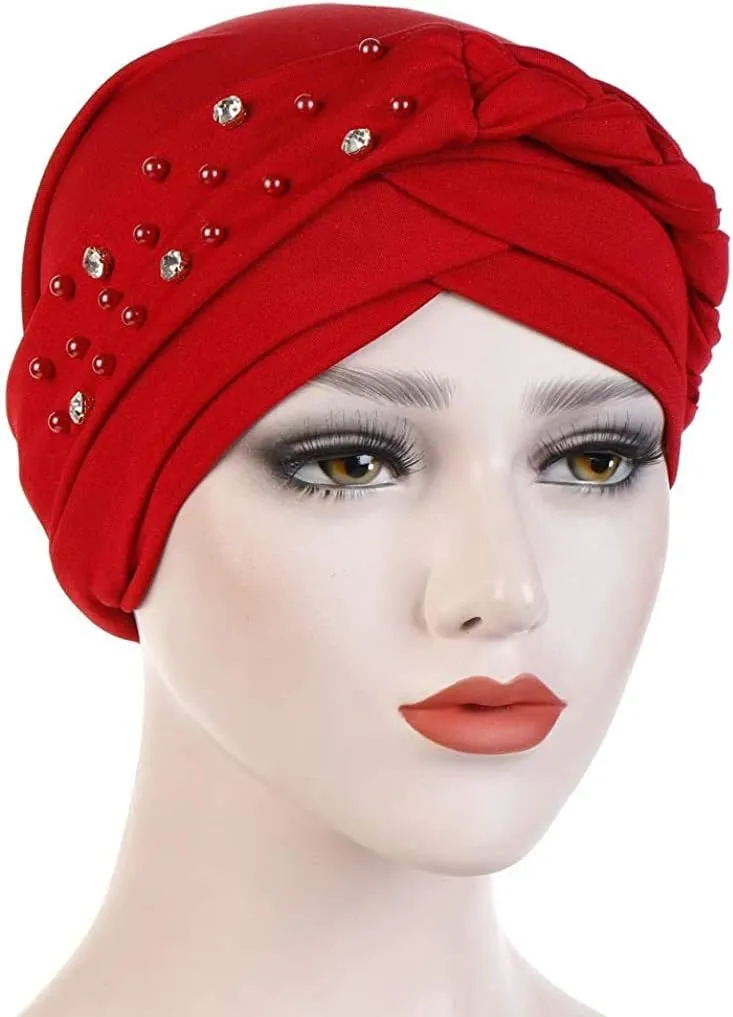 Women Girls Turban Hat, Rhinestone Pearl Braid Turban Head Wrap Baggy Slouchy Beanie Chemo Cap Headwear Hair Wrap