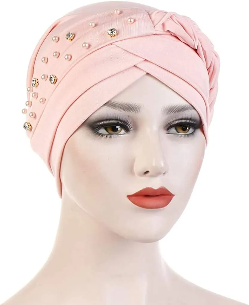 Women Girls Turban Hat, Rhinestone Pearl Braid Turban Head Wrap Baggy Slouchy Beanie Chemo Cap Headwear Hair Wrap