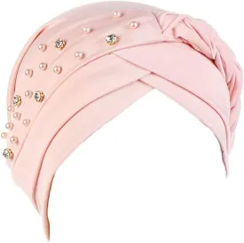 Women Girls Turban Hat, Rhinestone Pearl Braid Turban Head Wrap Baggy Slouchy Beanie Chemo Cap Headwear Hair Wrap
