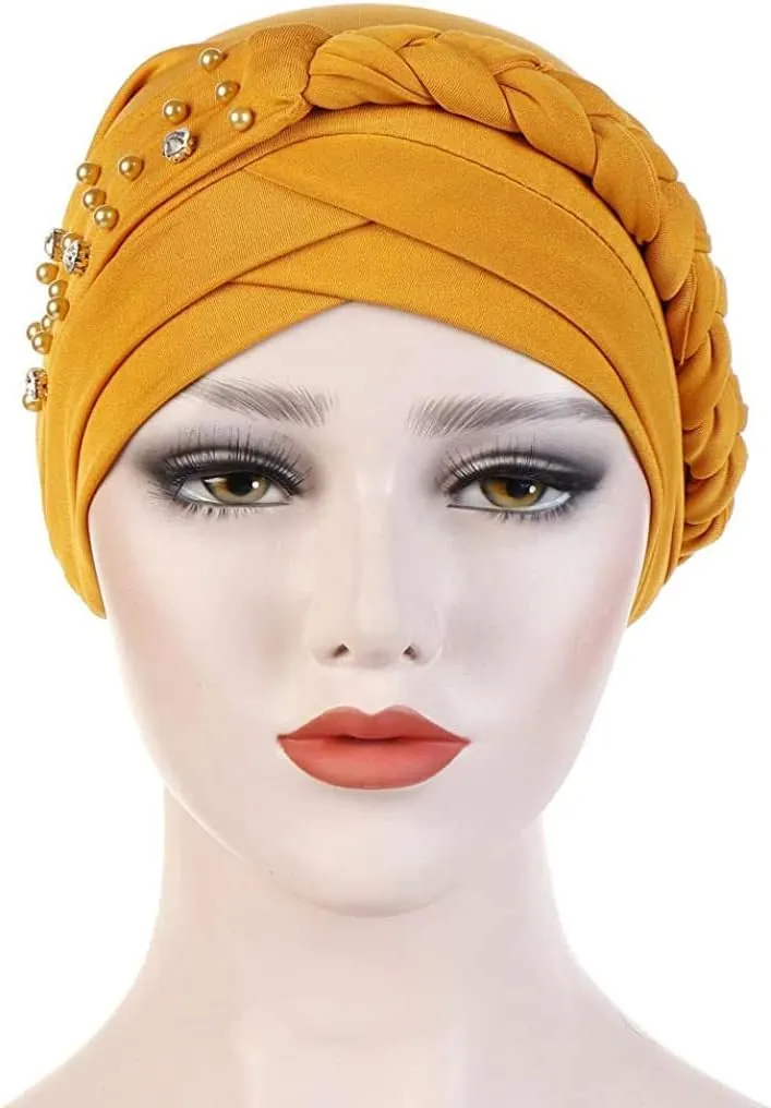 Women Girls Turban Hat, Rhinestone Pearl Braid Turban Head Wrap Baggy Slouchy Beanie Chemo Cap Headwear Hair Wrap