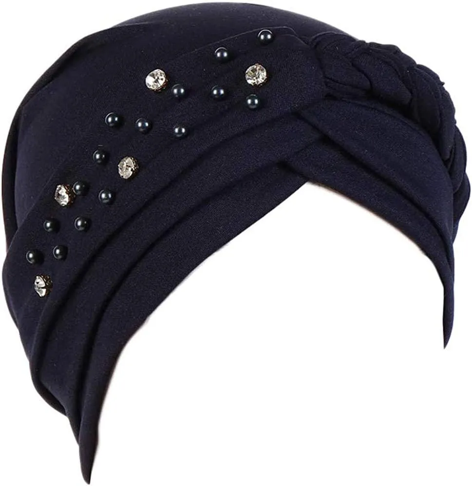Women Girls Turban Hat, Rhinestone Pearl Braid Turban Head Wrap Baggy Slouchy Beanie Chemo Cap Headwear Hair Wrap