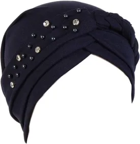 Women Girls Turban Hat, Rhinestone Pearl Braid Turban Head Wrap Baggy Slouchy Beanie Chemo Cap Headwear Hair Wrap
