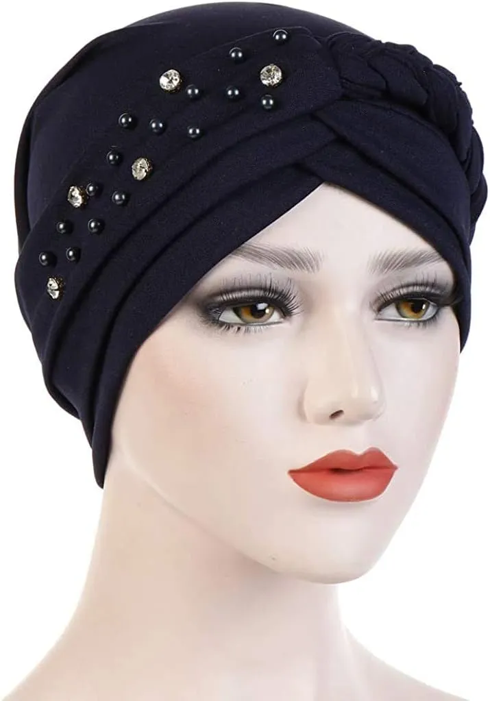 Women Girls Turban Hat, Rhinestone Pearl Braid Turban Head Wrap Baggy Slouchy Beanie Chemo Cap Headwear Hair Wrap