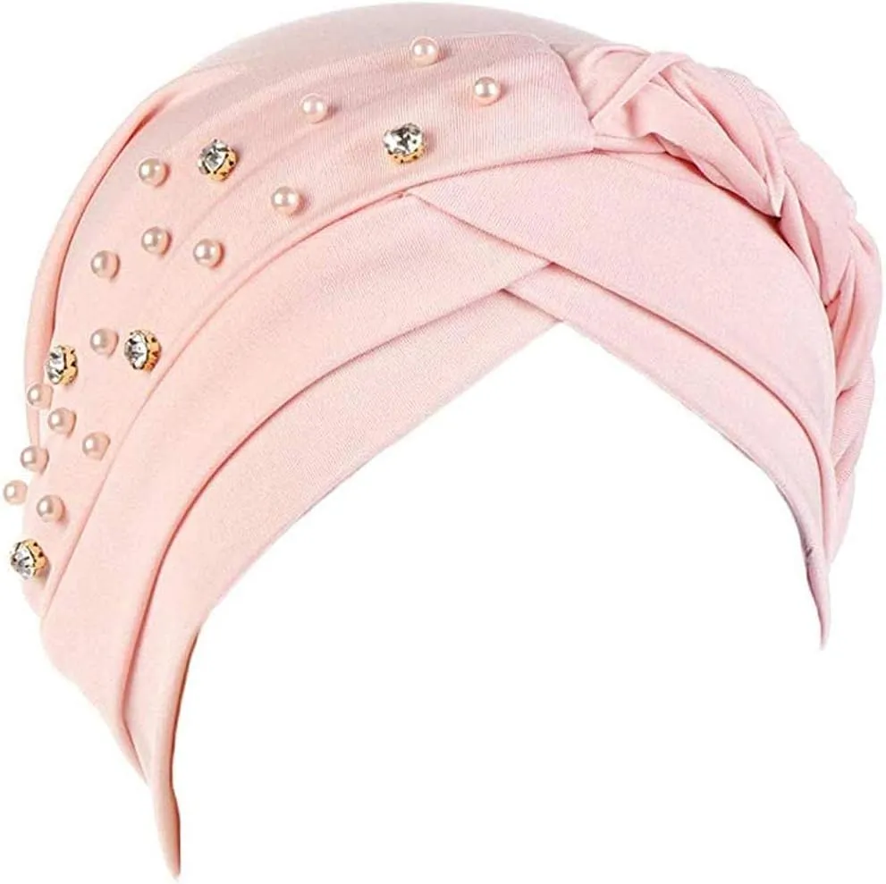 Women Girls Turban Hat, Rhinestone Pearl Braid Turban Head Wrap Baggy Slouchy Beanie Chemo Cap Headwear Hair Wrap
