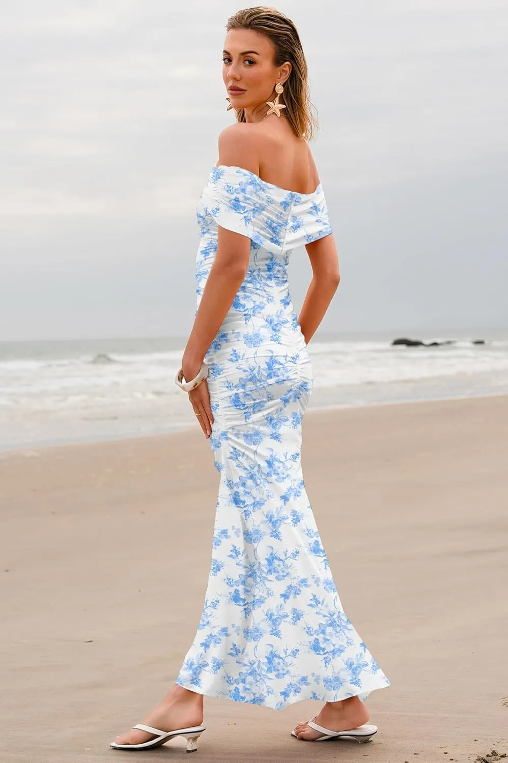 Women's Mesh Floral Maxi Dress 2025 Summer Off The Shoulder Ruched Bodycon Long Cocktail Party Fitted Dresses