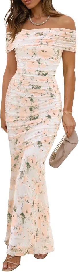Women's Mesh Floral Maxi Dress 2025 Summer Off The Shoulder Ruched Bodycon Long Cocktail Party Fitted Dresses